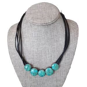 Jay King DTR Reversible Turquoise & Rainbow Calsilica Leather Necklace Sterling